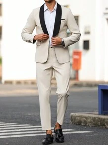 Manfinity Mode Men's Color Block Lapel Long Sleeve Single-Breasted Suit Jacket And Pants Business Casual Outfit, Spring Autumn