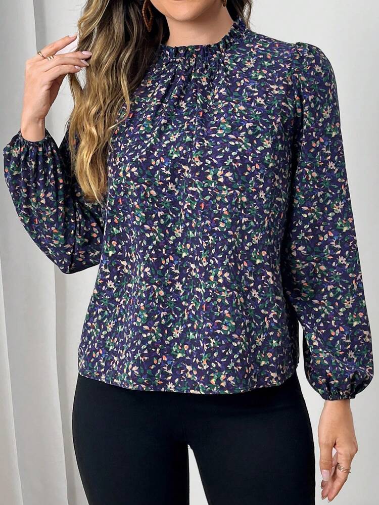 Women's Frill Trim Allover Floral Print Long Sleeve Casual Shirt