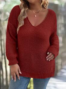 EMERY ROSE Plus Size Casual Solid Dropped Shoulder Fall Sweater For Autumn, Winter