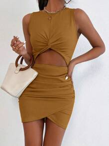 Chiquease 女士纯色圆领扭纹镂空休闲无袖连衣裙，夏季 - 黃色 - 查看 4