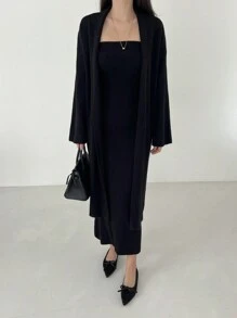 DAZY 2pcs/Set Women Solid Color Tube Dress And Long Sleeve Cardigan Sweater Fall - Black - View 3