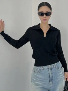 DAZY Áo len dài tay ôm dáng cổ bẻ khóa kéo nửa màu trơn dành cho nữ mùa thu - màu đen - Xem 4