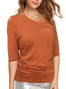 INAWLY 女式纯色 V 领 3/4 袖褶皱休闲商务 T 恤春夏季 - 鏽棕色 - 查看 4