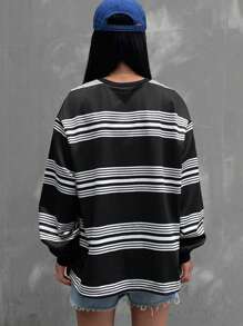 DAZY Women's Crew Neck Long Sleeve Striped & Letter Print Casual Sweatshirt,Fall Clothes - Black - View 2