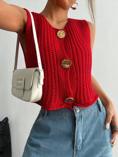 Flirla Front Button, Sleeveless, Fashionable, Versatile, Minimalist Knit Top