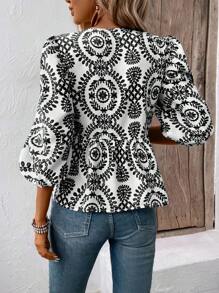 Breezaya Blusa casual holgada con mangas farol, cuello con lazo y estampado floral para mujer, ideal para vacaciones