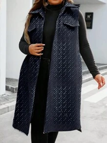 SHEIN Lady 秋冬季优雅黑色编织无袖加斜口袋开衩下摆绗缝背心外套 - 黑色 - 查看 2