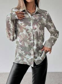 SHEIN Clasi 女式纽扣花卉印花长袖休闲衬衫