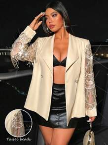 Allurite Elegant Plus Size Women's Shiny Sequin Patchwork Double-Breasted Long Sleeve Blazer Jacket, Suitable For Prom