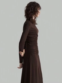 Ontre Brown Turtleneck Pleated Elegant Fitted Minimalist Stretchy Long Sleeve Cotton Dress