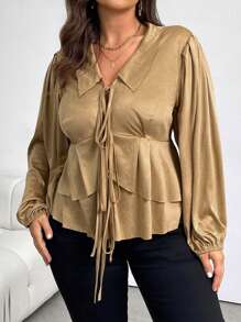 SHEIN Privé Plus Size Elegant Office Lady Academic Style Vintage Autumn Long Sleeve Shirt Collar Bow Tie Layered Ruffle Trim Jacket