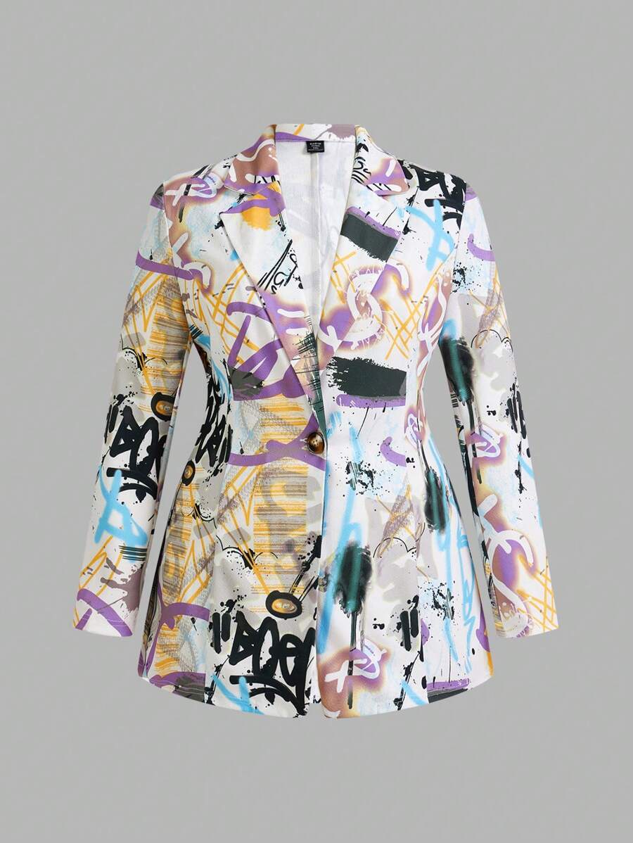 SHEIN Essnce Plus All-Over Graffiti Print Lapel Blazer In Fall/Winter - Multicolor - View 1