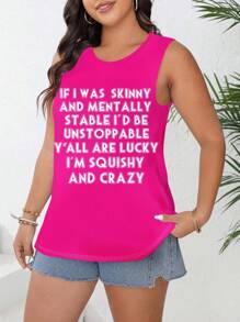 SHEIN LUNE Camiseta sin mangas informal de talla grande para mujer con estampado de lema, tops gráficos para mujer