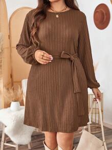 SHEIN LUNE Vestido corto casual de mujer talla grande de unicolor, cuello redondo, mangas farol, para primavera y otoño. Vestido de mujer de negocios casuales, vestido de negocios, atuendo de Acción de Gracias, atuendo festivo, vestido para fiesta festiva Plus
