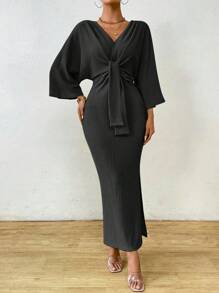 Celisse 女士优雅纯色蝙蝠袖侧开衩鱼尾连衣裙，春秋季长款女装