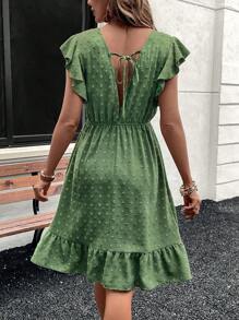 Chiquease Green Embroidered Waist Ruffle Hem Round Neck Midi Casual Dress For Women, Spring/Summer