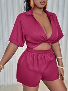 Slaydiva Plus Size V-Neck Loose Fit Vacation Shorts Set, Pink - 2pcs - Hot Pink - View 3