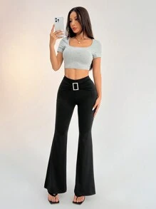 SHEIN PETITE Pantalones acampanados elásticos de unicolor con cintura recogida en forma de diamante cuadrado para mujeres - Negro - Ver 4