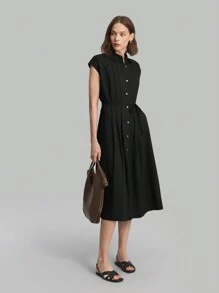 Ontre 2026SS New Elegant Solid Color Cinched Waist Button Down Dress, Versatile Dress For Women, Suitable For Outings, Business Casual, Vacation, Beach, Birthday Party, Teacher Uniform, Office Wear - Black - View 5