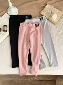 SHEIN LMoss Kids Bộ quần áo thu đông cho bé gái 3 món Quần legging vải nỉ dệt kim họa tiết chữ và logo màu trơn ấm áp có lót nhiệt, mặc được cho cả ngày thường và đi học. - Nhiều màu - Xem 3