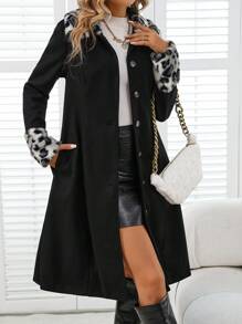 EMERY ROSE Damen Leopardenmuster Fluffy Patchwork Lange Ärmel Lange Wolljacke, Herbst Winter