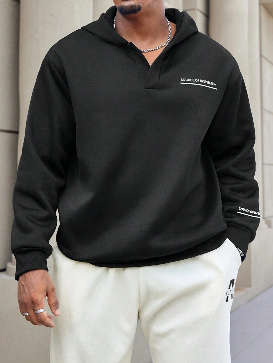 Manfinity Homme Men's Plus Size Letter Printed Casual Pullover Hoodie - Black - View 1