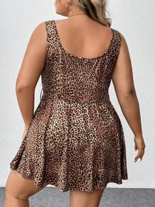 SHEIN CURVE+ Mono de verano con estampado de leopardo, sin mangas y cordón para tallas grandes y curvilíneas