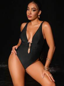 Swim SXY 1 件女士纯色露背性感连体泳衣，夏季海滩 - 黑色 - 查看 7