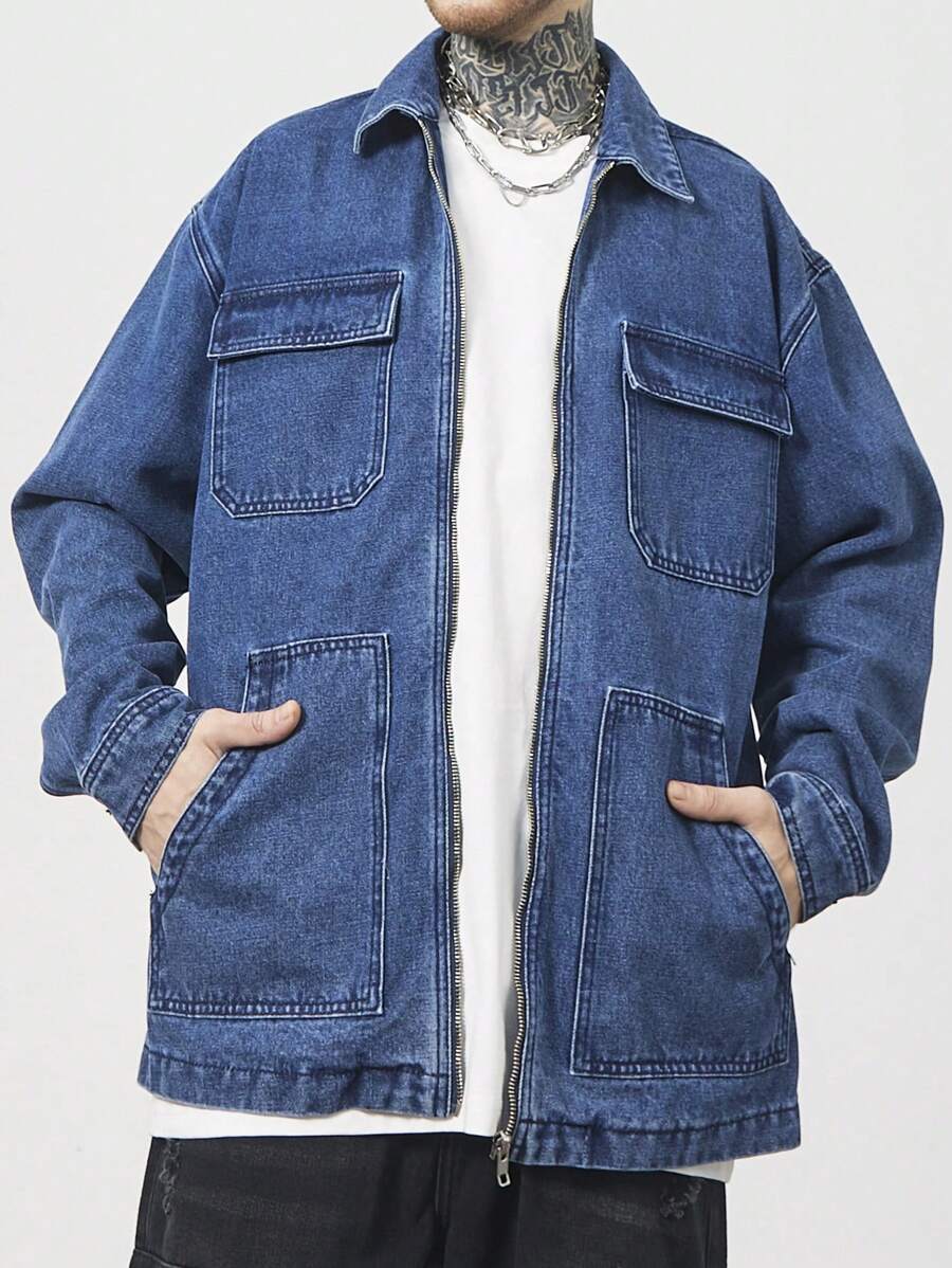 Manfinity EMRG 男士休闲落肩宽松牛仔夹克，秋季 - 藍色 - 查看 1