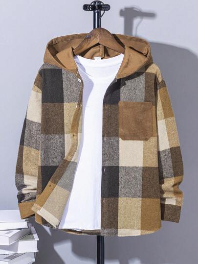 SHEIN Koszula w kratę Tween Boy Casual Plaid Colorblock Woven Button-Front, Jesień (9), Zima (2), Brązowy