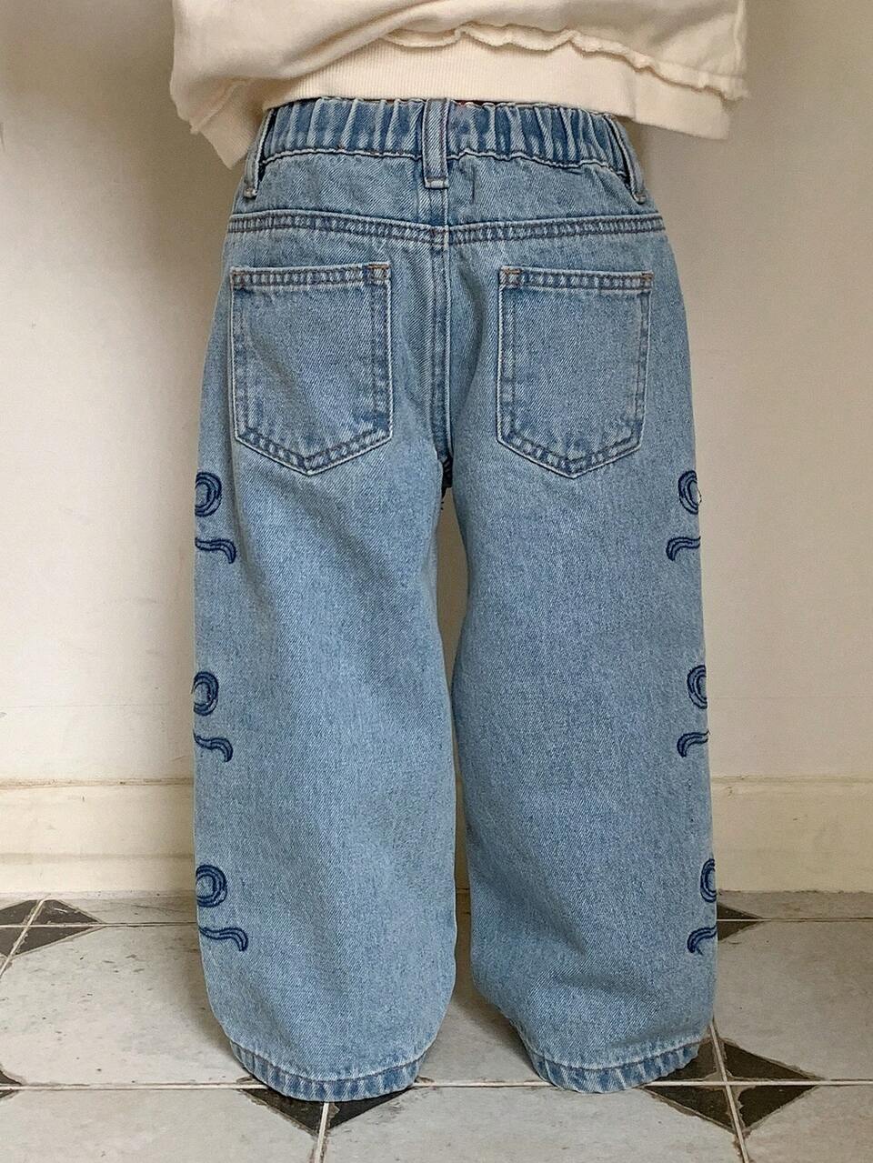 Young Girl Pockets Bow Decor Straight Loose Casual Jeans