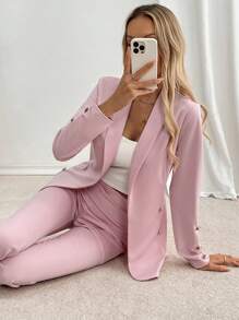 SHEIN Clasi 2pcs Women's Solid Color Lapel Collar Long Sleeve Button Design Jacket And Pants Office/Casual Suit Set, Spring/Fall - Pink - View 3