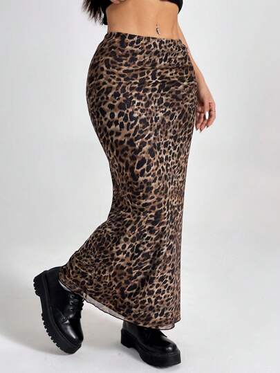 SHEIN PETITE Vintage Leopard Print Mesh Long Midi Skirt