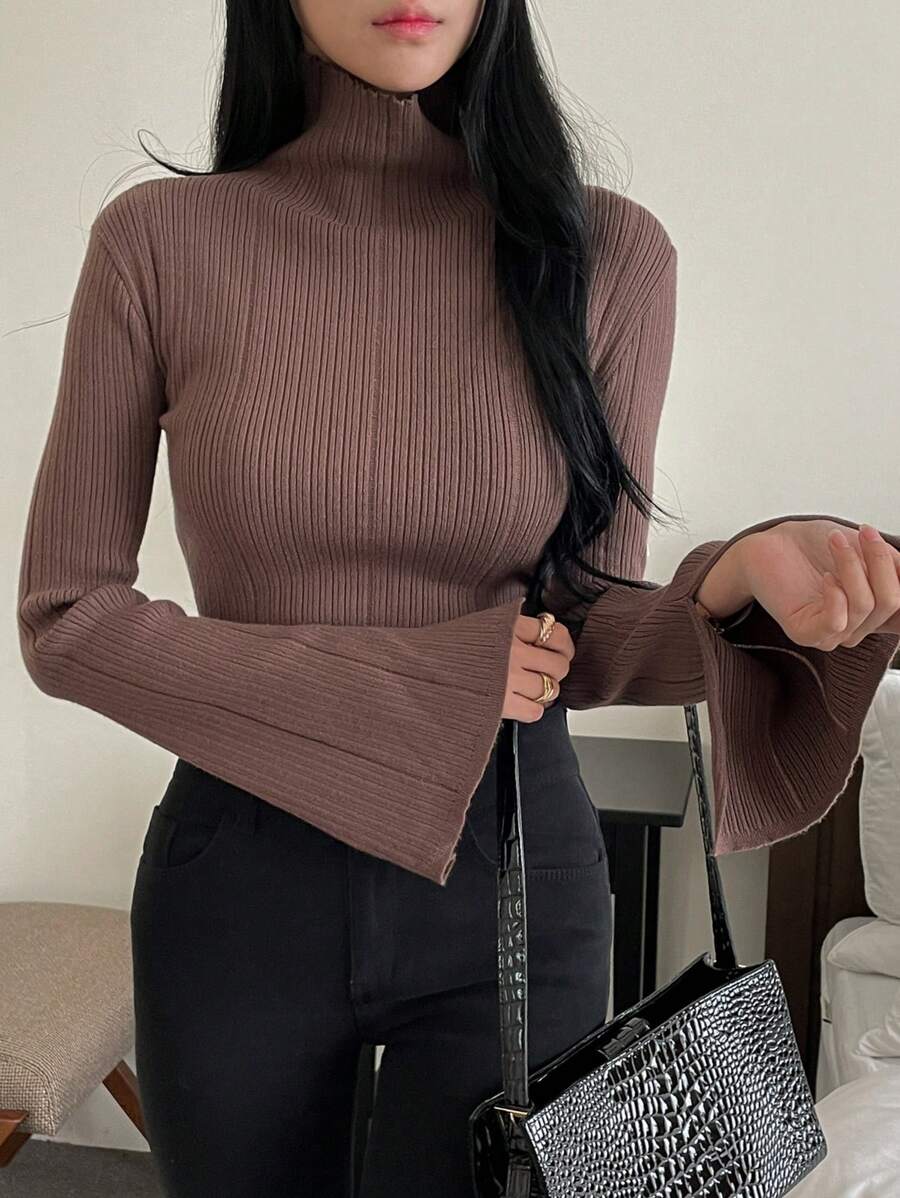 DAZY Women's Solid Color Fitted Long Sleeve Turtleneck Sweater,Fall Women Clothes - Brown - View 1