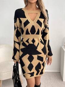SHEIN LUNE Crew Neck Long Sleeve Hollow Out Simple Casual Mini Dress