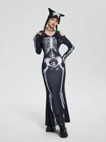 SHEIN 少女黑色圆领露肩长袖骷髅印花修身超长万圣节连衣裙 - 黑色 - 查看 5