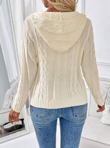 Chiquease 女式长袖连帽抽绳纽扣纹理设计时尚开衫 - 米色 - 查看 2