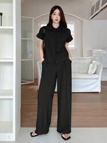 DAZY Bộ đồ mặc nhà 2 món dành cho nữ, gồm áo sơ mi cài cúc phía trước màu trơn và quần ống rộng có túi trang trí. - màu đen - Xem 3