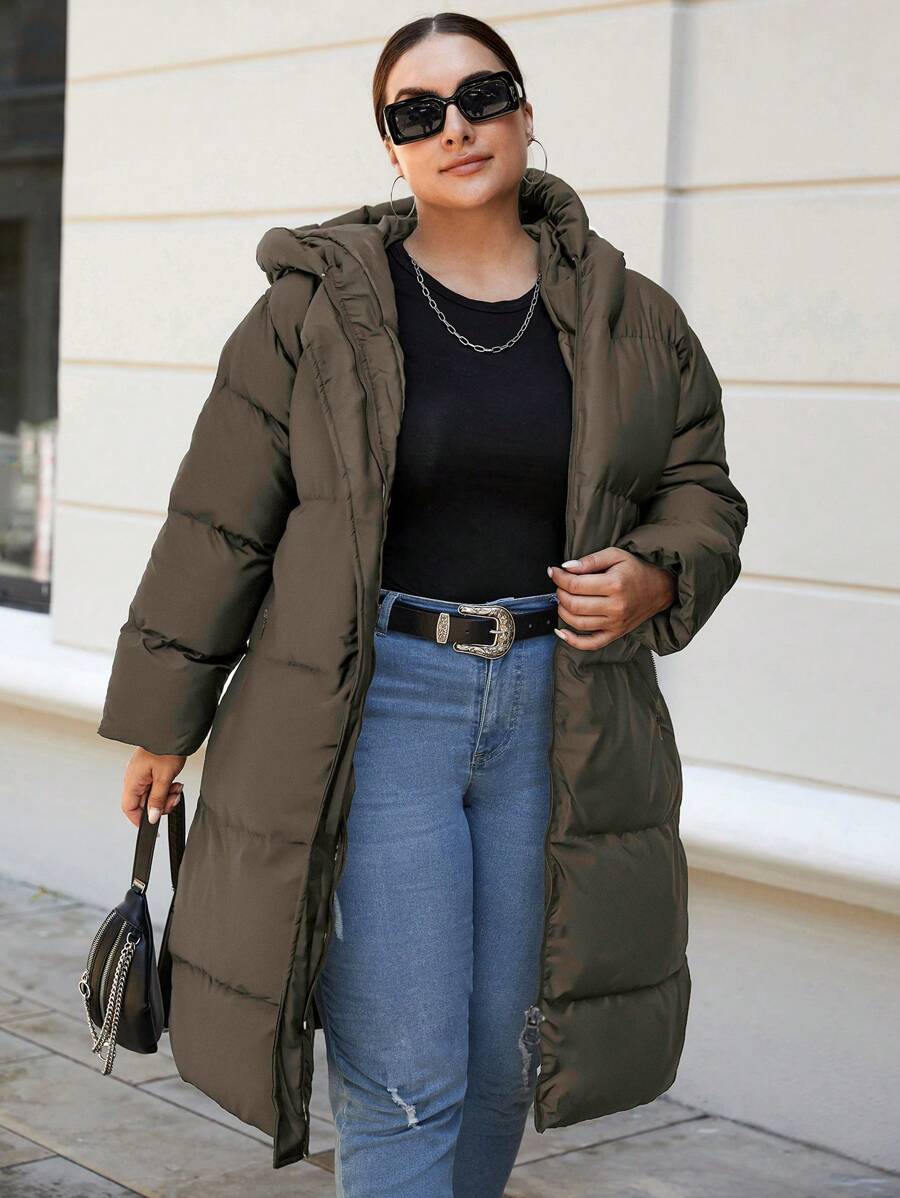 EURMUSE Plus Size Solid Color Hooded Padded Women's Coat, For Winter - Cadet Blue - View 1