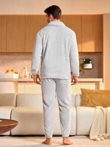 2 piezas Conjunto de ropa de estar en casa con top de manga larga en unicolor y pantalones minimalista para hombre