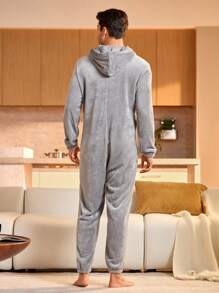 男士前拉链长袖极简连帽休闲连体裤，适合秋冬季穿着