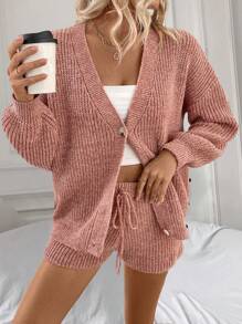 SHEIN LUNE Setelan Sweater Rajut Longgar Leher V dan Celana Pendek Bergaya Eropa dan Amerika, Pakaian Musim Gugur/Dingin untuk Wanita - Dusty Pink - View 1