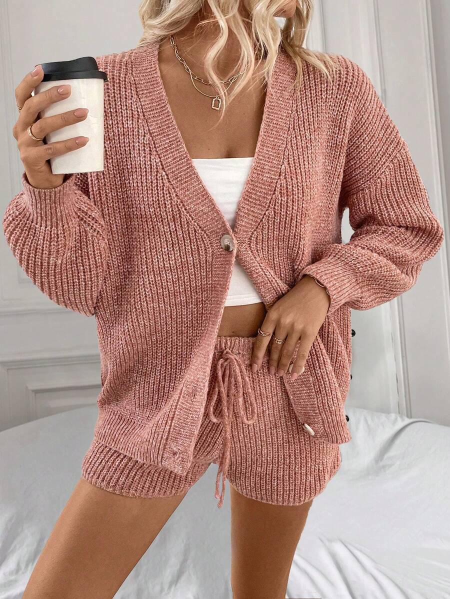 SHEIN LUNE Setelan Sweater Rajut Longgar Leher V dan Celana Pendek Bergaya Eropa dan Amerika, Pakaian Musim Gugur/Dingin untuk Wanita - Dusty Pink - View 1
