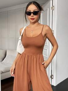 SHEIN Unity Sexy Spaghetti Strap Wide Leg Jumpsuit - Brown - View 4