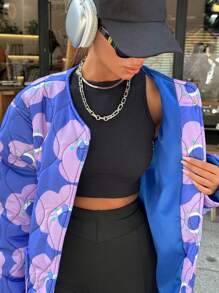 EURMUSE Fashionable All Over Floral Frinted Quilting Jacket - Multicolor - View 4