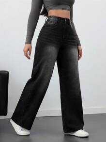 SHEIN Tall 女牛仔裤黑色牛仔裤休闲宽松直筒长裤外出下装女牛仔裤牛仔裤子秋季裤子 - 黑色 - 查看 5