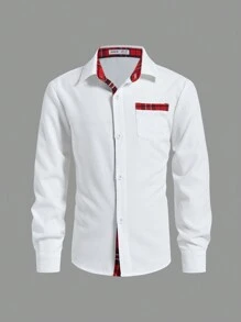 SHEIN Tween Boy Casual College Style Plaid Fabric Collared Pocket Long Sleeve Solid Shirt