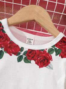 Baby Girl Rose Pattern Casual Dress, Spring & Autumn - Red - View 7