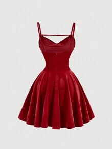 SHEIN MOD 红色荷叶边领天鹅绒连衣裙、秋季婚礼宾客礼服、返校节礼服、女士早午餐礼服 - 紅色 - 查看 2