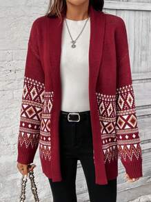 SHEIN LUNE Cardigan simples de patchwork liso de manga comprida, uso diário casual - Borgonha - Ver 5